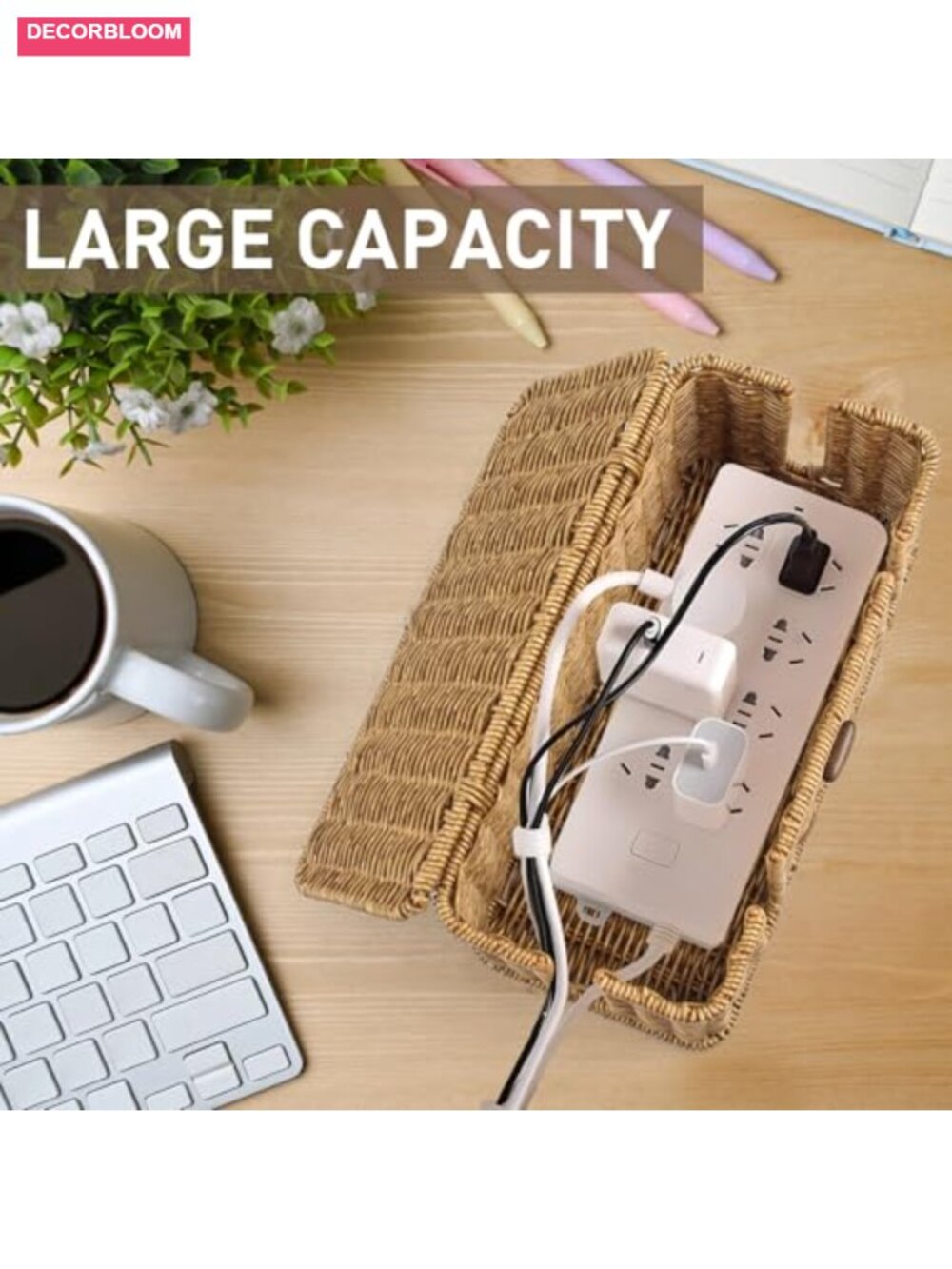 Rattan Cable Management Box Set of 2 Cord Organizer with Lid - Picture 4 of 5
